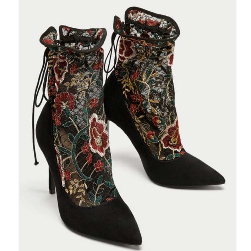 Zara Floral Embroidered Sock Style Heels NWOT